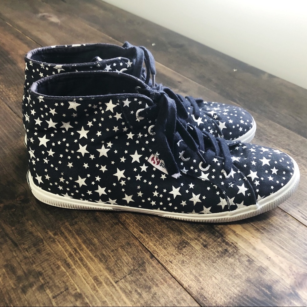 Superga Navy White Canvas Star Print Hi Tops